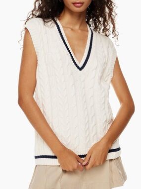 NWT Aritzia Winston Cable Knit Sweater Vest in White/Navy - S